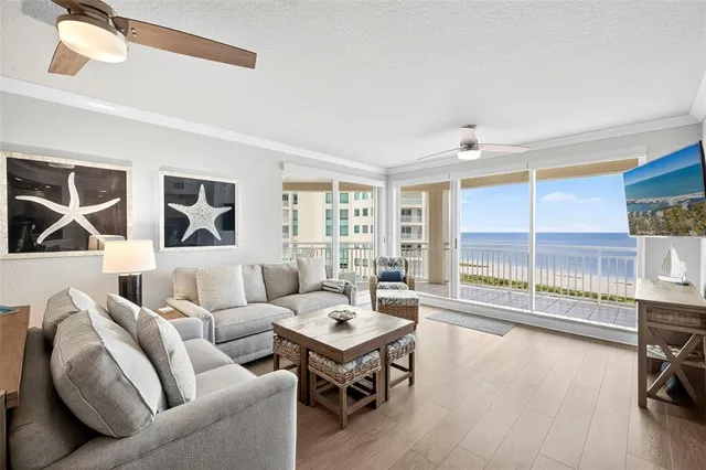a living room with furniture and a floor to ceiling window