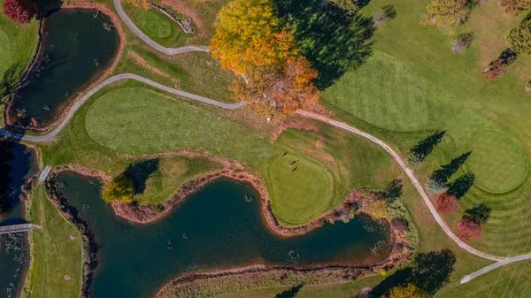 an aerial view of a swimming pool