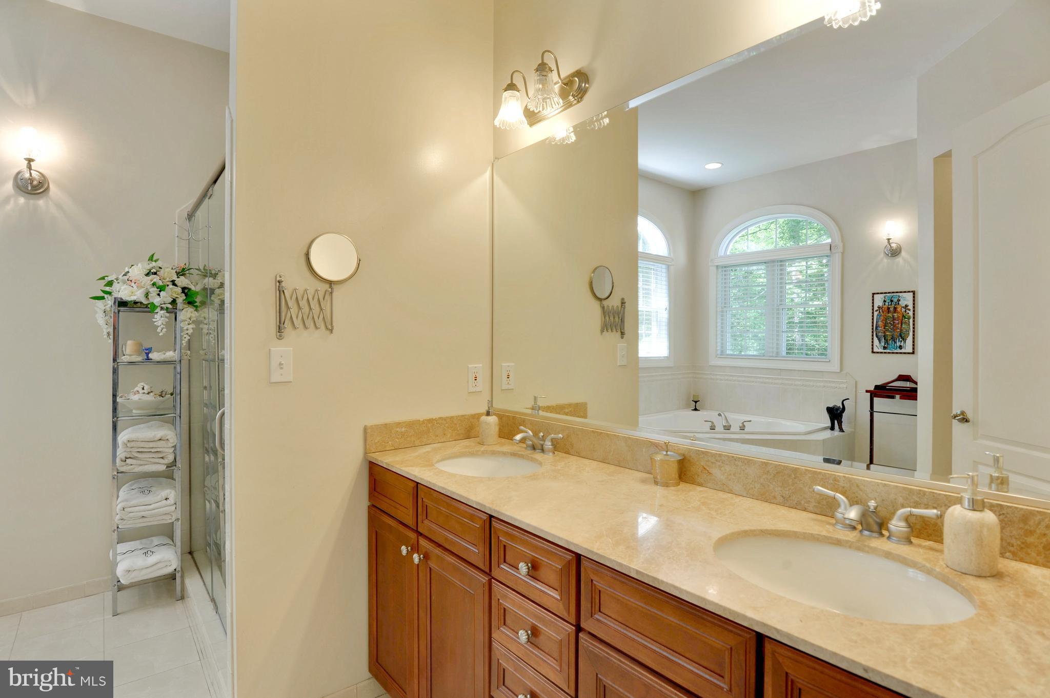 9440 Billingsley Road White Plains, MD 20695 - Photo 15 of 30 a bathroom with a granite countertop sink a large mirror and a shower