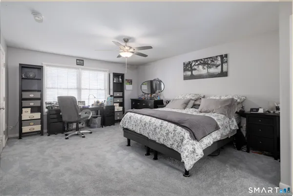 a bedroom with a bed and a potted plant