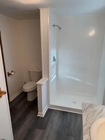 a bathroom with a toilet and a shower