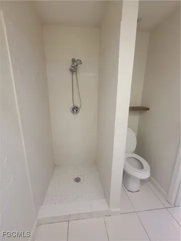 a bathroom with a shower and a toilet
