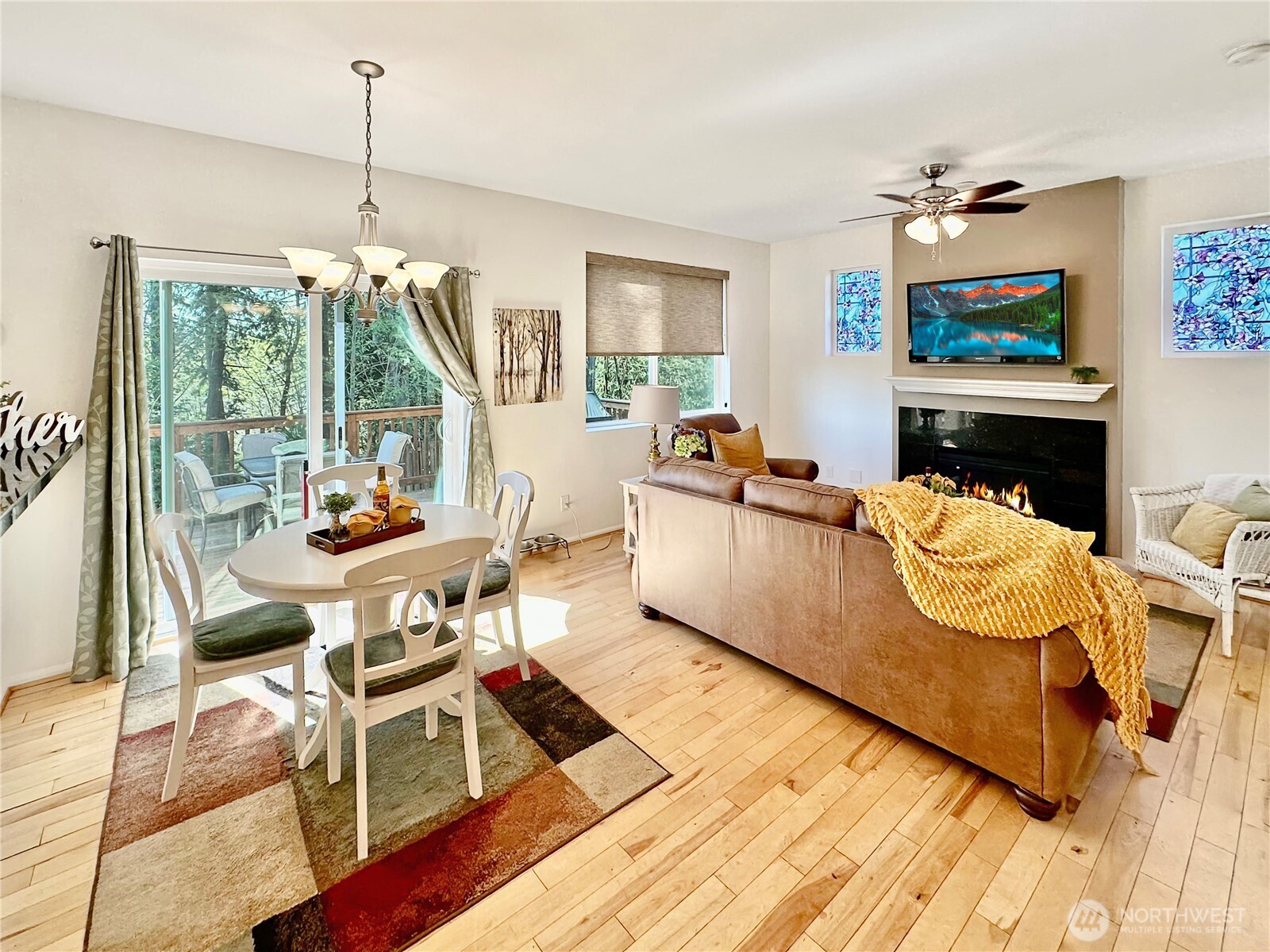 1348 Ebbets Drive Tumwater, WA 98512 - Photo 11 of 37 a living room with fireplace furniture and a large window