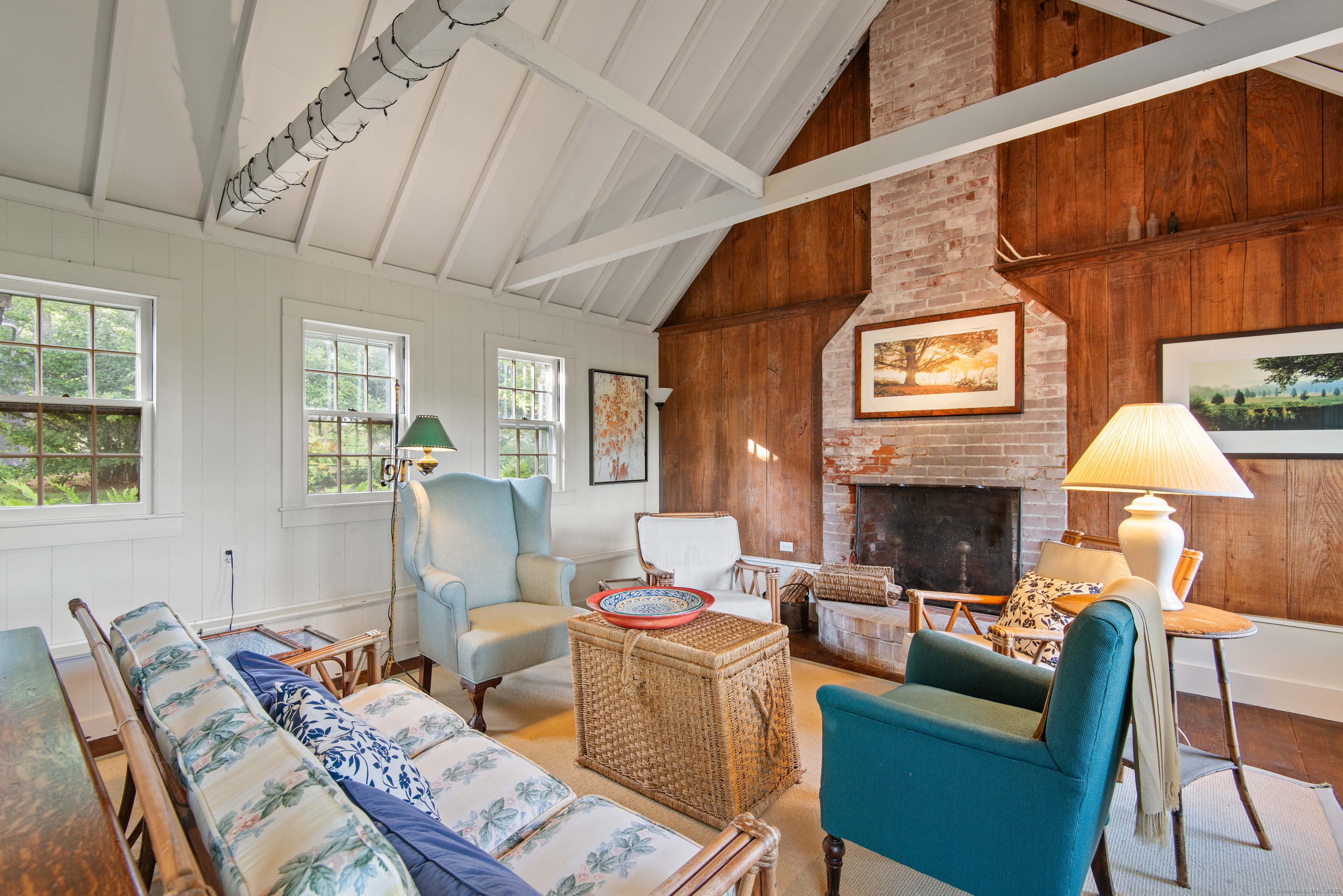 53-1 Selden Road Lyme, CT 06371 - Photo 21 of 40 Garage guest quarters living room with cathedral ceiling and fireplace.