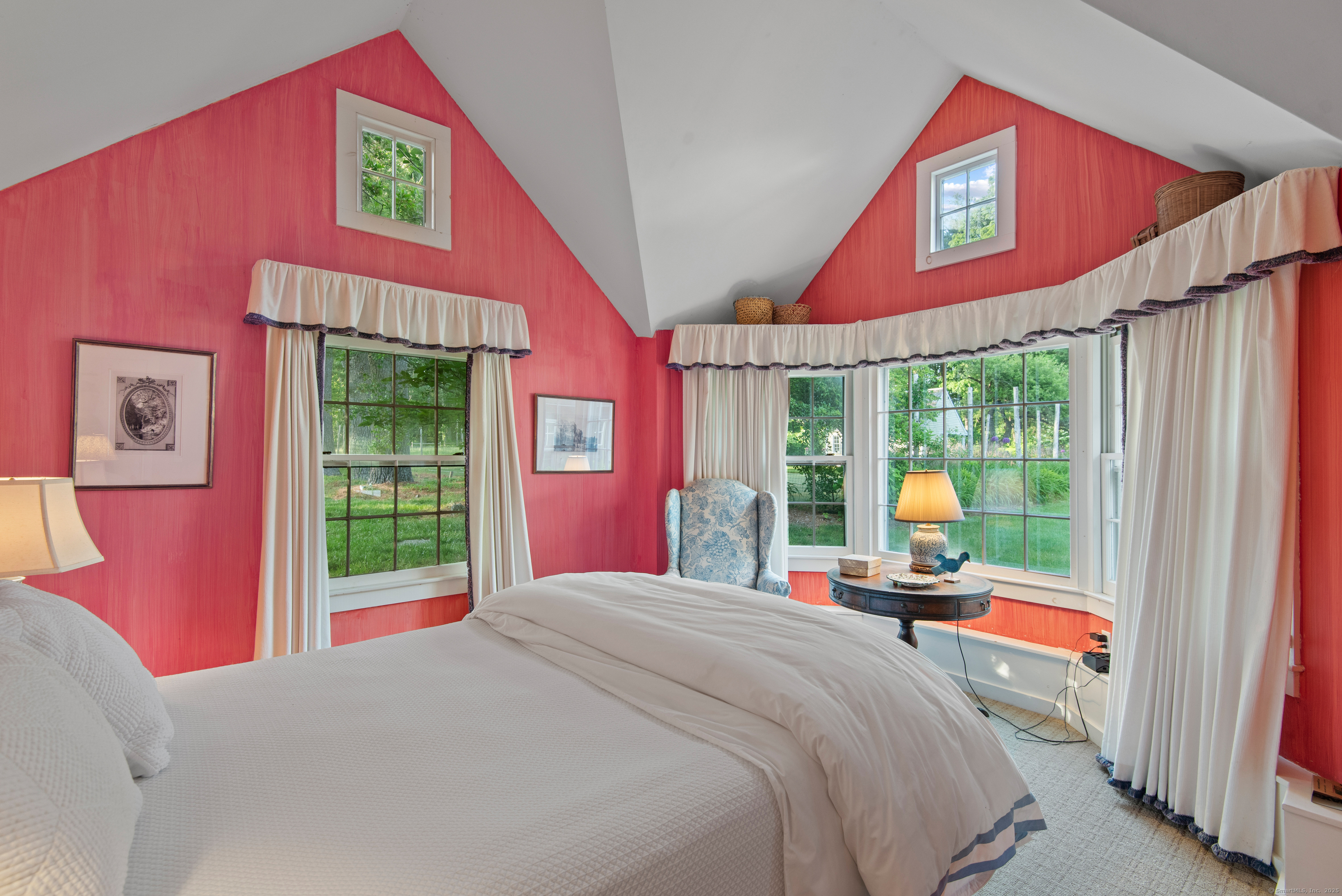 53-1 Selden Road Lyme, CT 06371 - Photo 22 of 40 Guest quarters bedroom with vaulted ceiling and garden views.