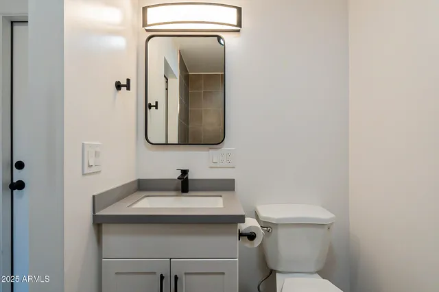 a bathroom with a toilet sink and mirror