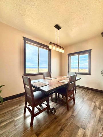 2101 Goose Ranch Road Vernal, UT 84078 - Photo 21 of 72 Dining area featuring wood-finish flooring, dark wood trim around windows, and a linear pendant light fixture with clear glass shades