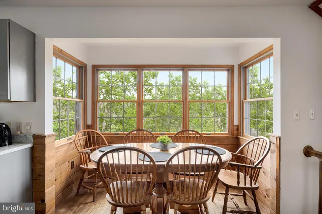 a view of a dining room with furniture window and outside view
