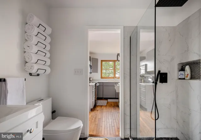 a bathroom with a toilet and a shower