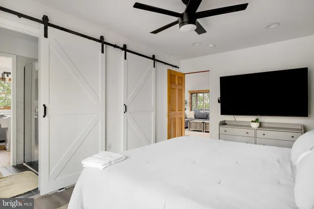 a bedroom with a bed and a flat screen tv