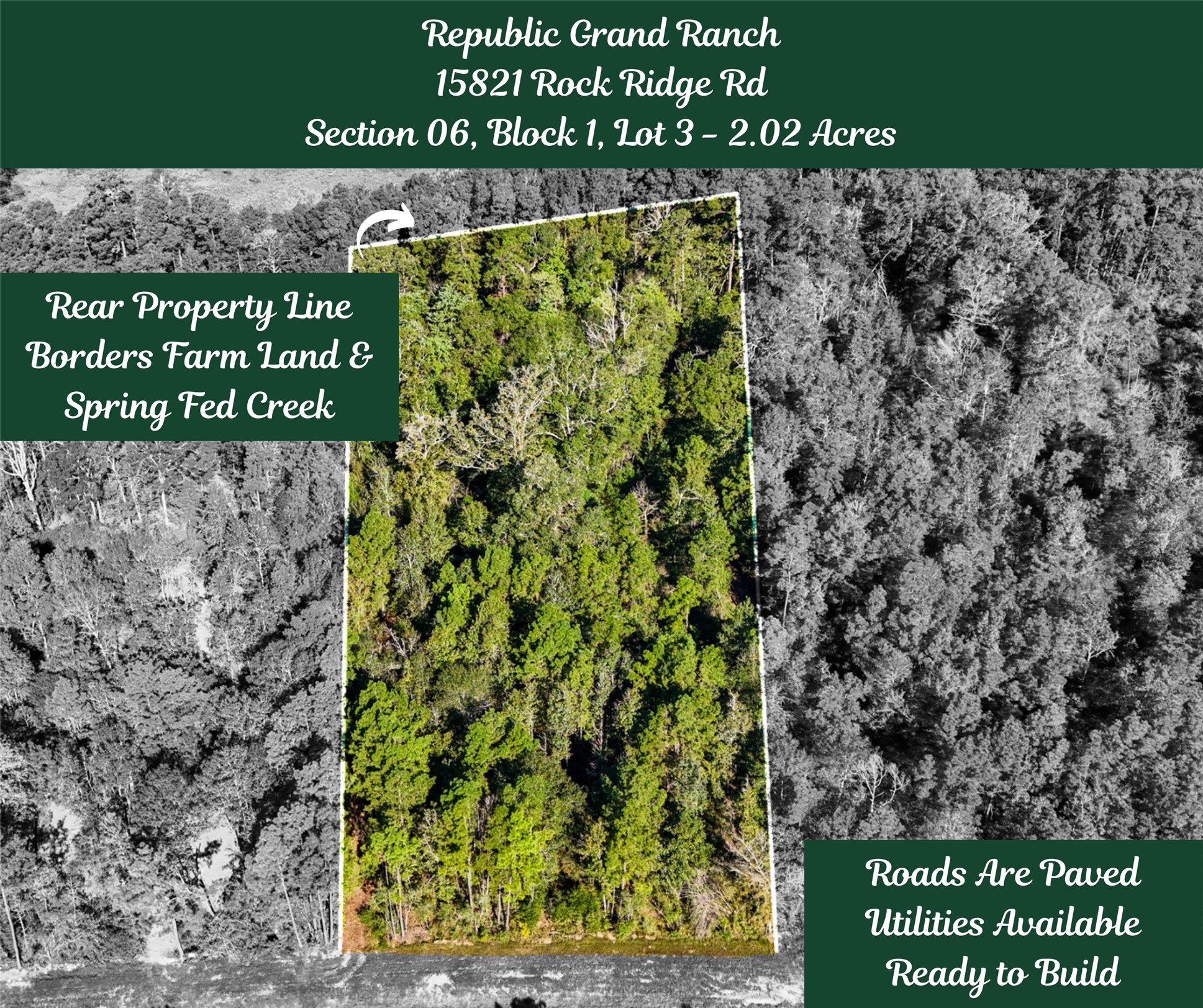 15821 Ridge Rock Road Willis, TX 77378 - Photo 1 of 21 15821 Ridge Rock Dr rests on a 2 acre lot in Republic Grand Ranch, just 25 minutes to Conroe and a short commute to Houston. The roads are paved, utilities are available, and it's ready for your builder! Best part, the rear borders farm land and a spring fed creek.