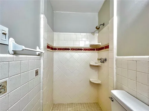 a bathroom with a shower and a toilet