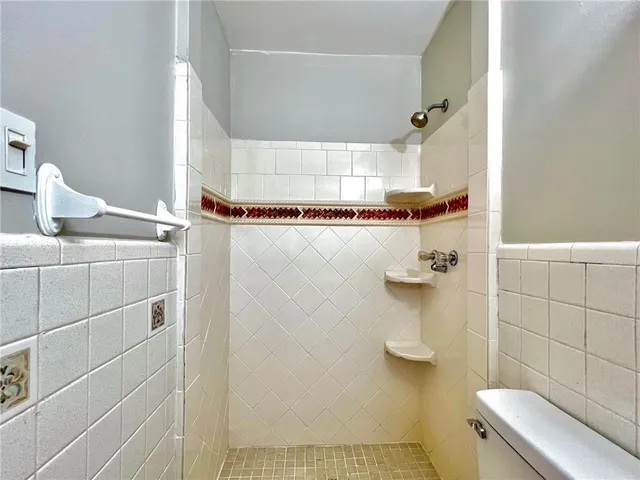 a bathroom with a shower and a toilet