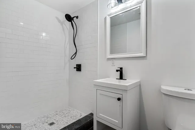 a bathroom with a sink a toilet and a mirror