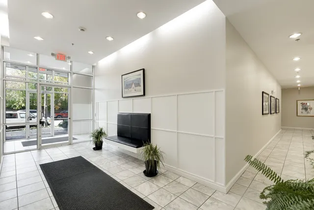 a dining room with furniture and a potted plant