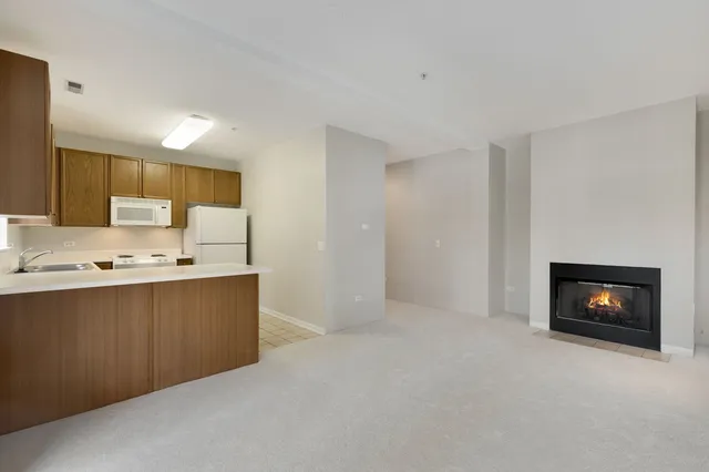 a view of kitchen with stainless steel appliances a stove and a fireplace