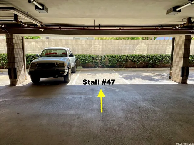 a view of a car parked in garage