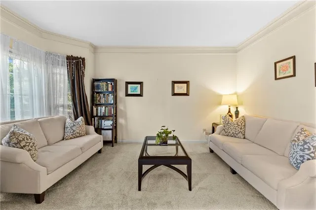 a living room with furniture a couch and a potted plant