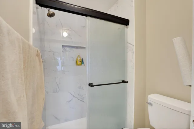 a bathroom with a shower and toilet