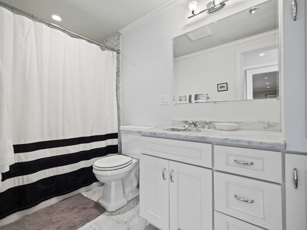 99 Sedgwick Street, Unit 1 Boston, MA 02130 - Photo 25 of 41 a bathroom with a sink a toilet a mirror and shower curtain