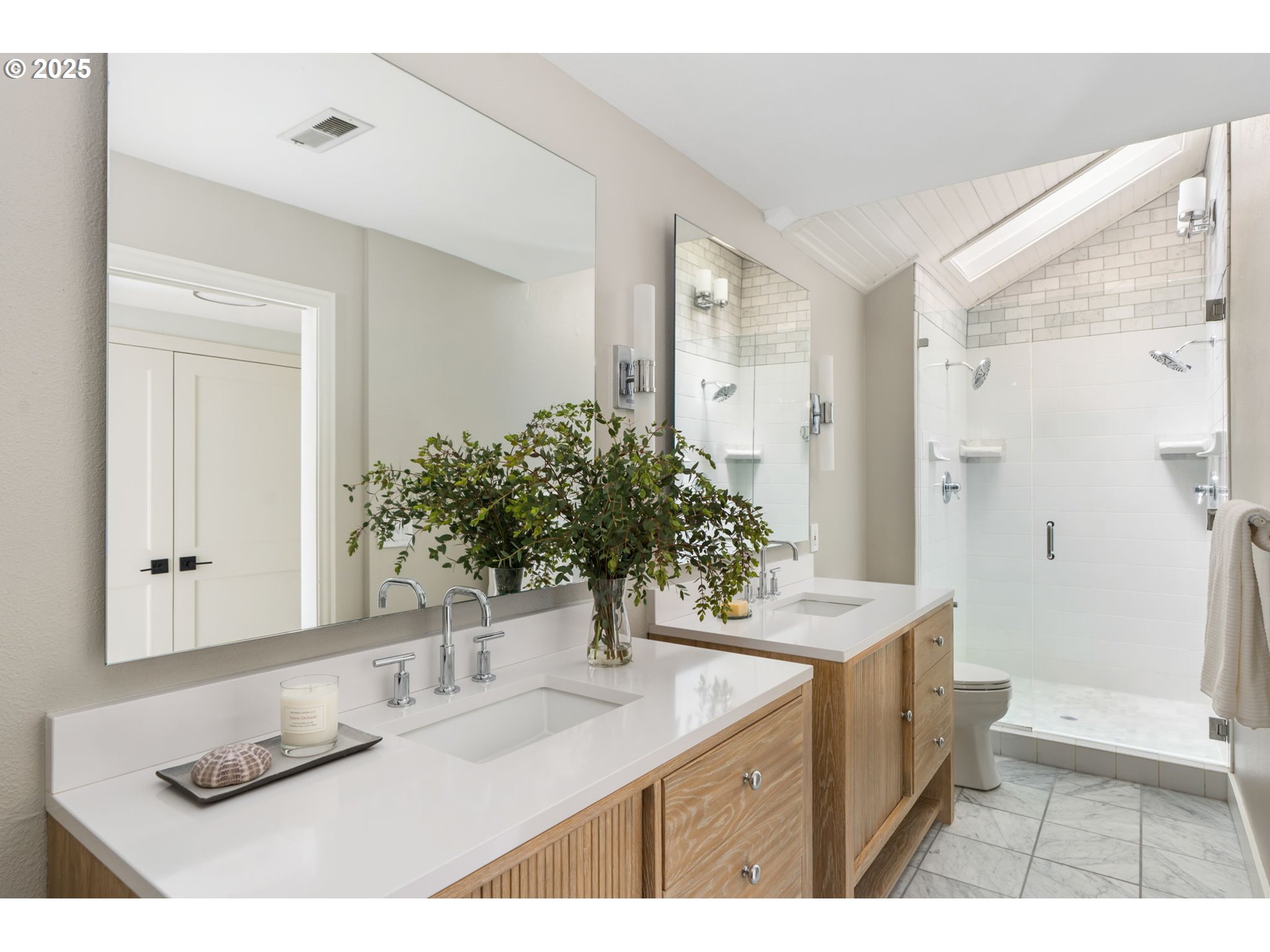 13740 Fielding Road Lake Oswego, OR 97034 - Photo 25 of 41 a bathroom with a granite countertop sink a mirror and a shower