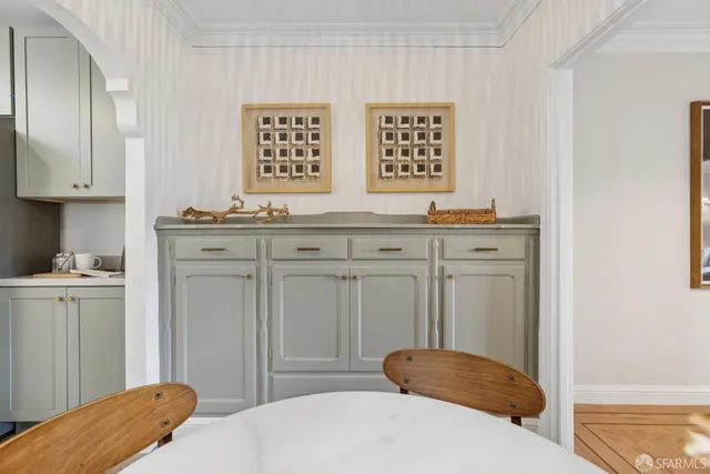 a view of a dining room with furniture