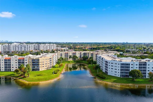 a view of a lake with a city