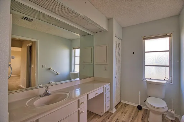 a bathroom with a granite countertop sink a toilet and a mirror