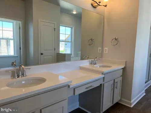 a bathroom with a sink double vanity and a mirror