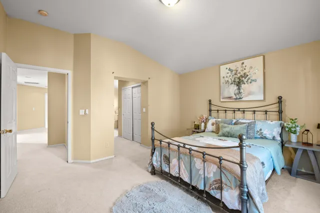 a bedroom with furniture and a chandelier