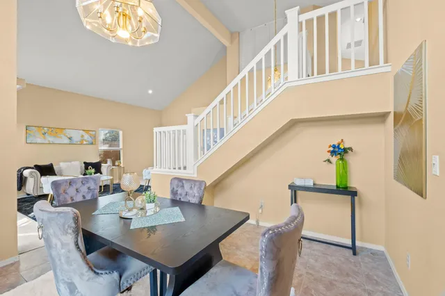 a view of a dining room with furniture
