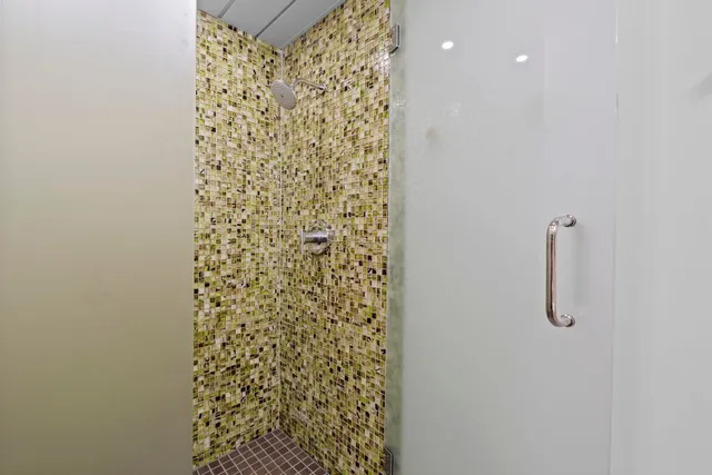 a bathroom with a shower curtain