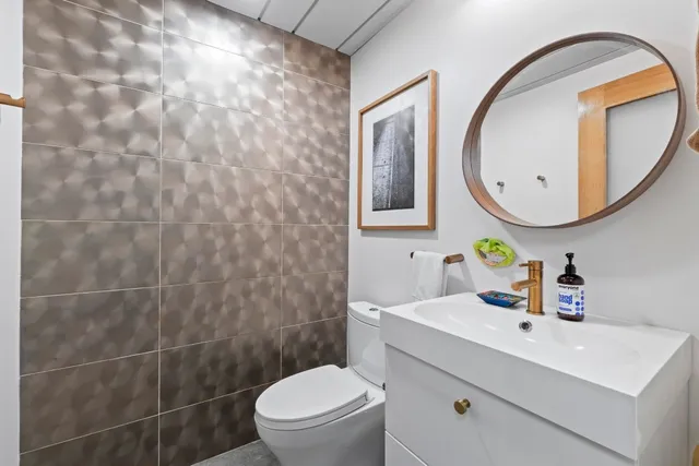 a bathroom with a sink mirror toilet and vanity