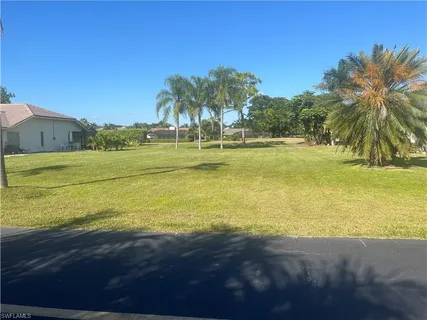 a view of an swimming pool with a yard and palm trees