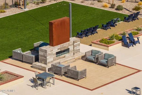 an aerial view of a swimming pool and outdoor space