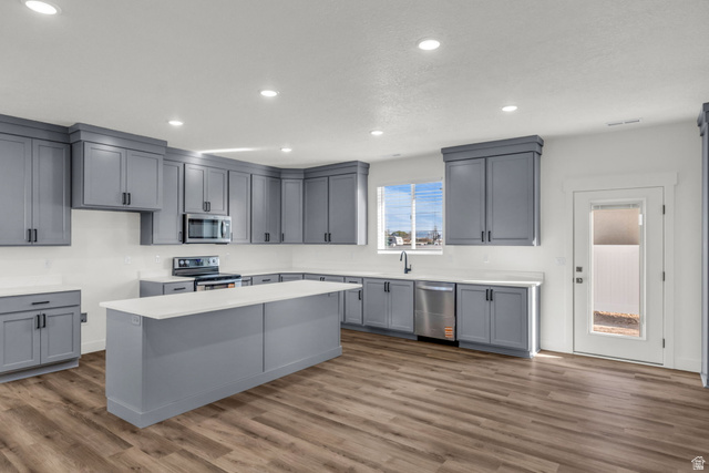 520 East 450th Street North Delta, UT 84624 - Photo 12 of 48 Kitchen featuring gray cabinets, stainless steel appliances, a center island, recessed lighting, and dark wood-style flooring