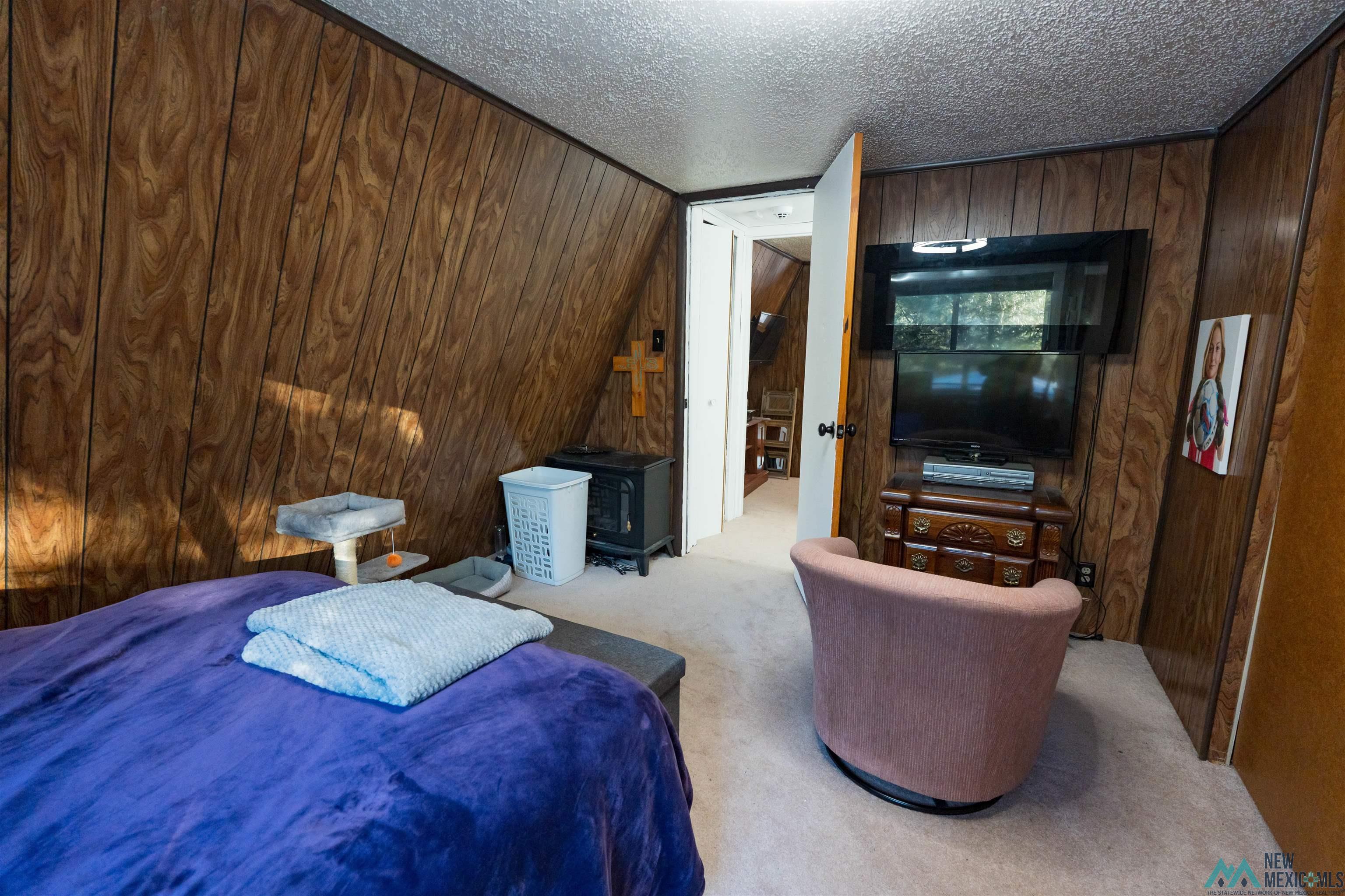 3 Wimsatt Road Cloudcroft, NM 88317 - Photo 27 of 41 Bedroom with wooden walls, carpet floors, a textured ceiling, and a wood stove