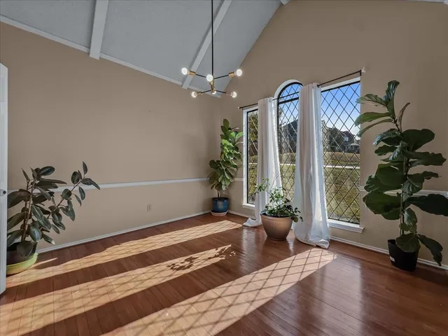 a living room with wooden floor and a potted plant