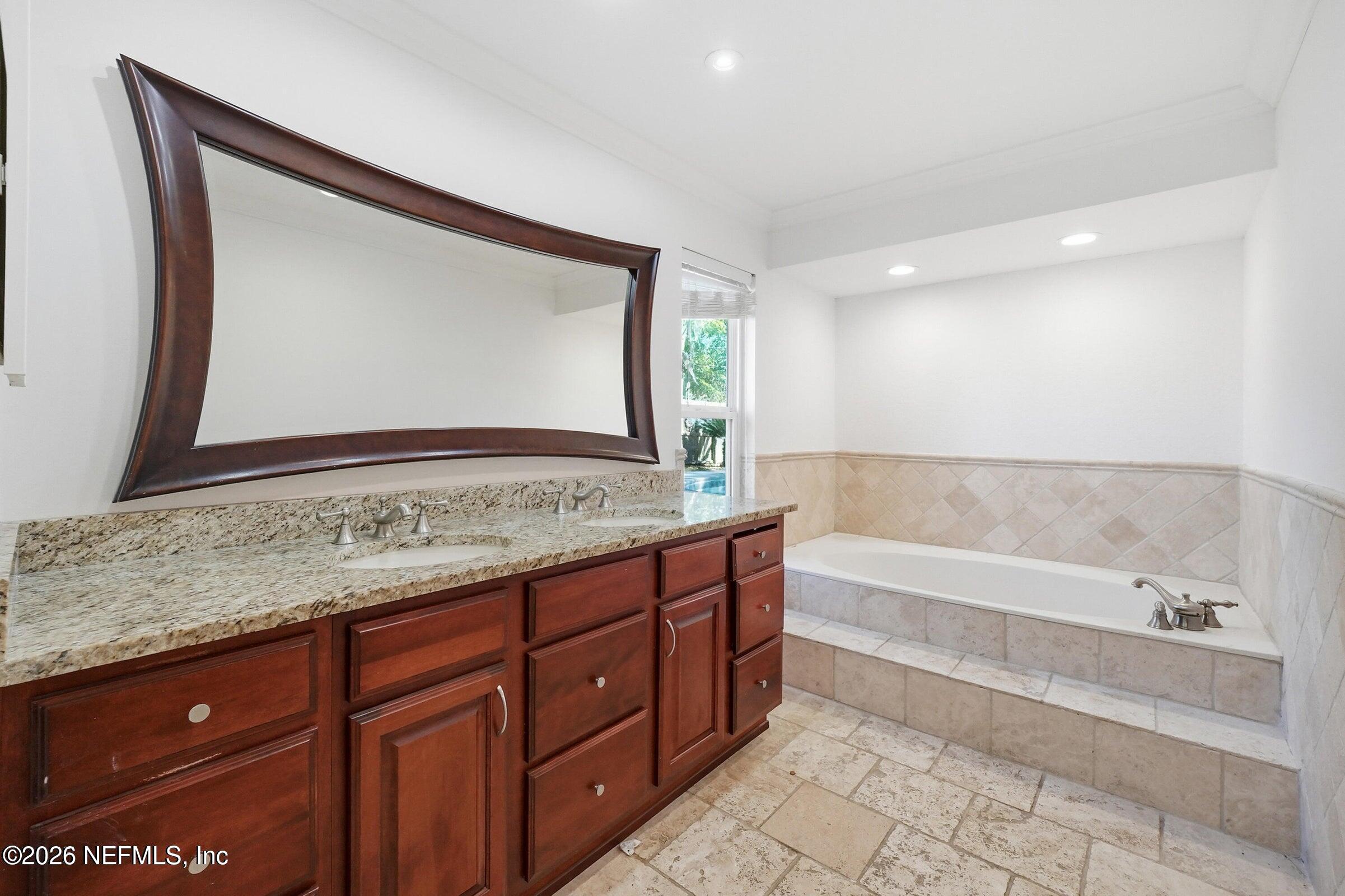 969 Alpine Ridge Court Orange Park, FL 32065 - Photo 16 of 26 a bathroom with a granite countertop sink and a bathtub