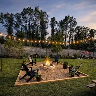 a view of a park with large trees