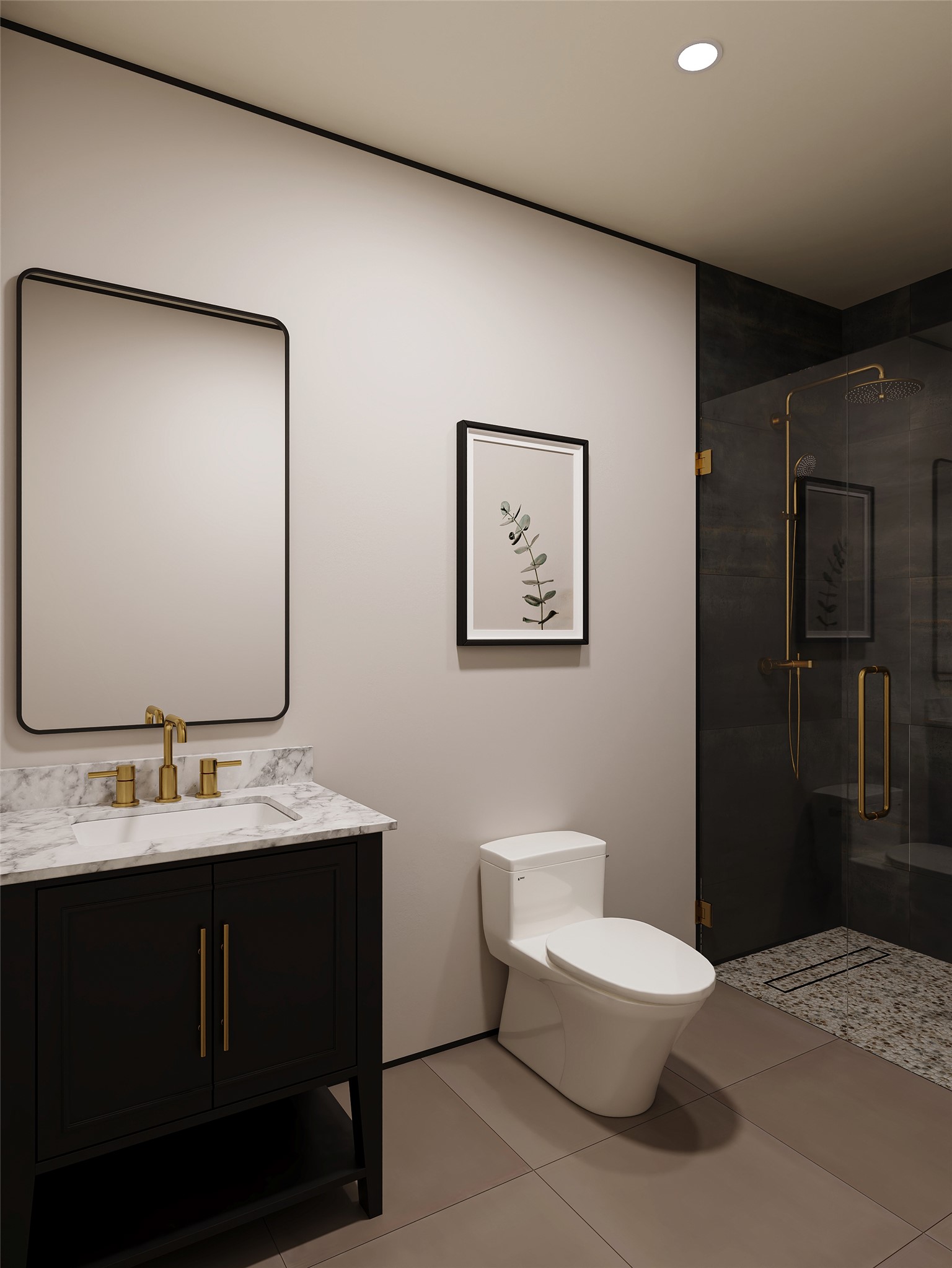 A glass-enclosed walk-in shower complements the sleek vanity setup in this modern bathroom.