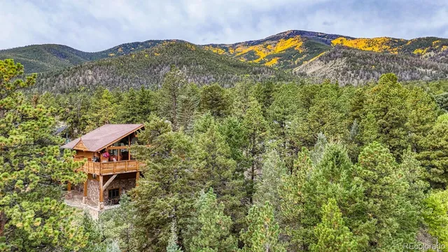 a aerial view of a house with a yard and mountain view in back