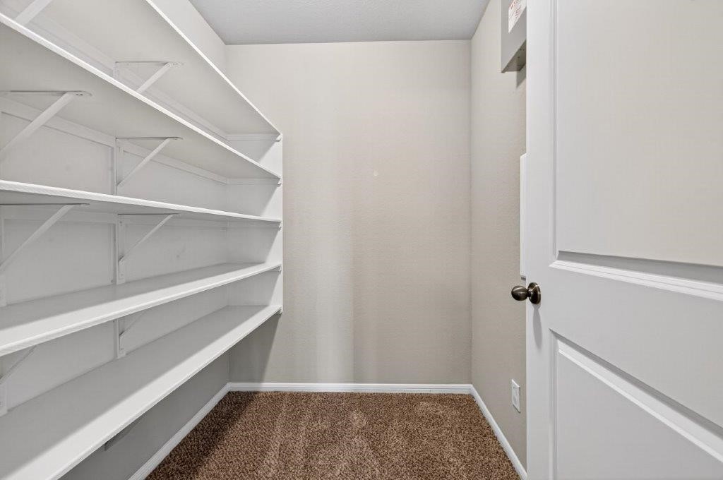 5710 Metaphor Way Richmond, TX 77469 - Photo 39 of 41 A storage room features extensive built-in shelving and soft carpeting, easily serving as a linen room, craft space, or organized storage hub.