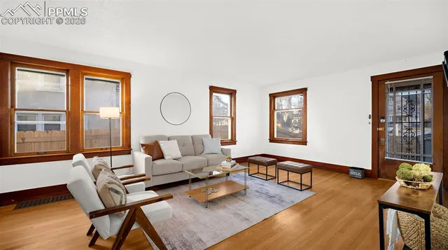 a living room with furniture rug and window
