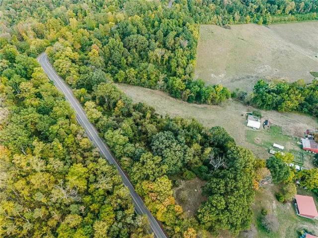 an aerial view of residential house with outdoor space and trees all around
