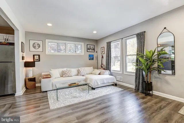 a living room with furniture and a potted plant