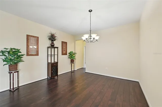 a view of a room with wooden floor potted plants and a chandelier