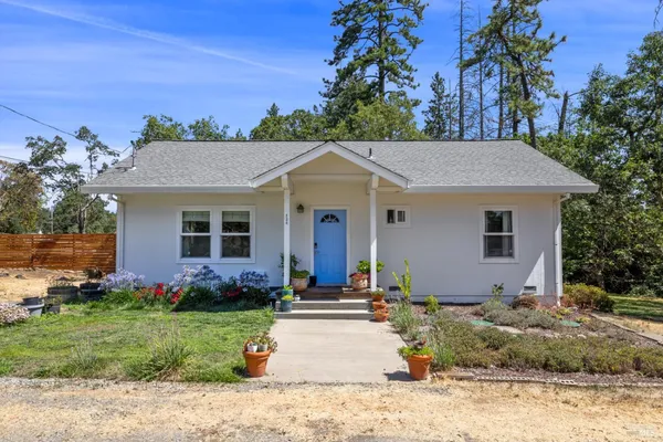 a front view of house with a garden