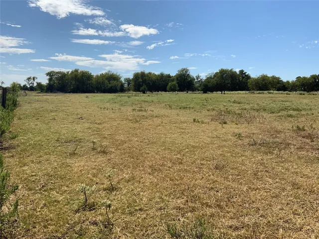 a view of a field with an trees in the background