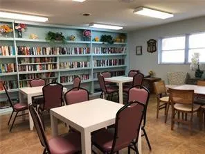 a view of a dining room with furniture